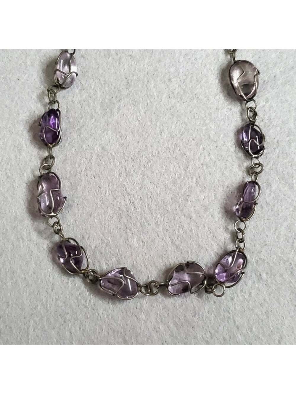 Vintage Amethyst Necklace Silver Tone Wire Wrapped Polished Nugget 28"